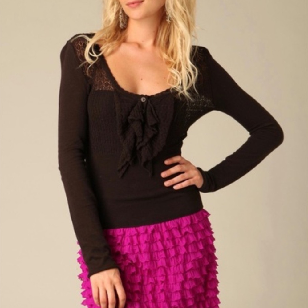 Free People Black Knit Top with Ruffle Detail — NWOT